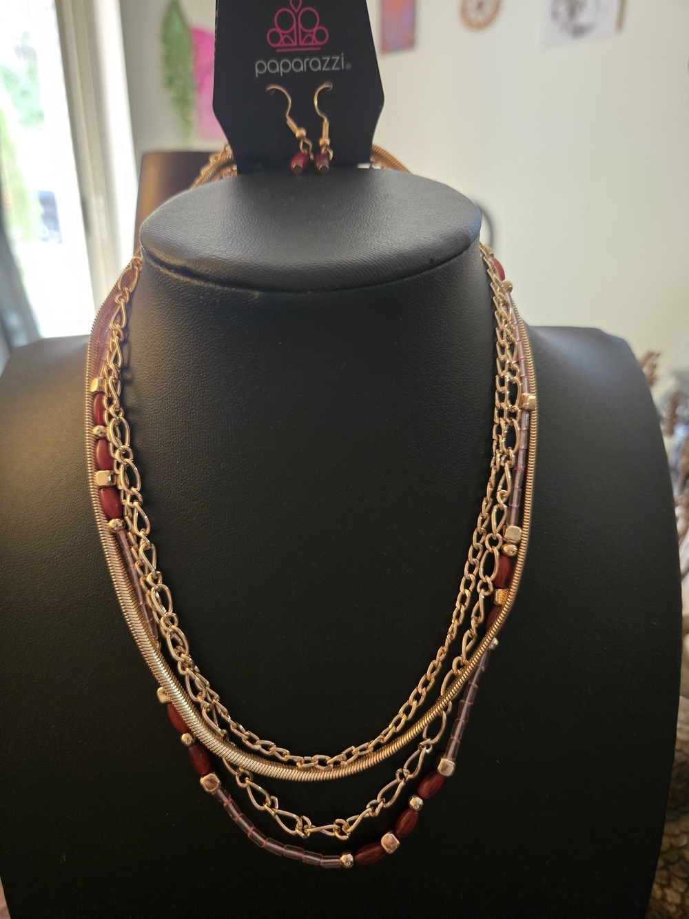 paparazzi Gold Multi-Strand Necklace with Red Bead Accents